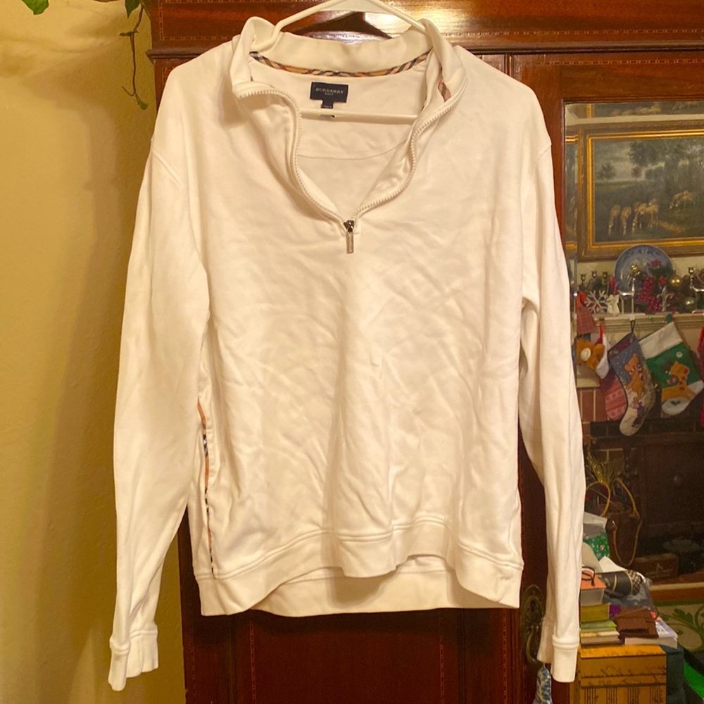 White cotton Burberry Golf quarter zip pullover with plaid trim - mens size L
